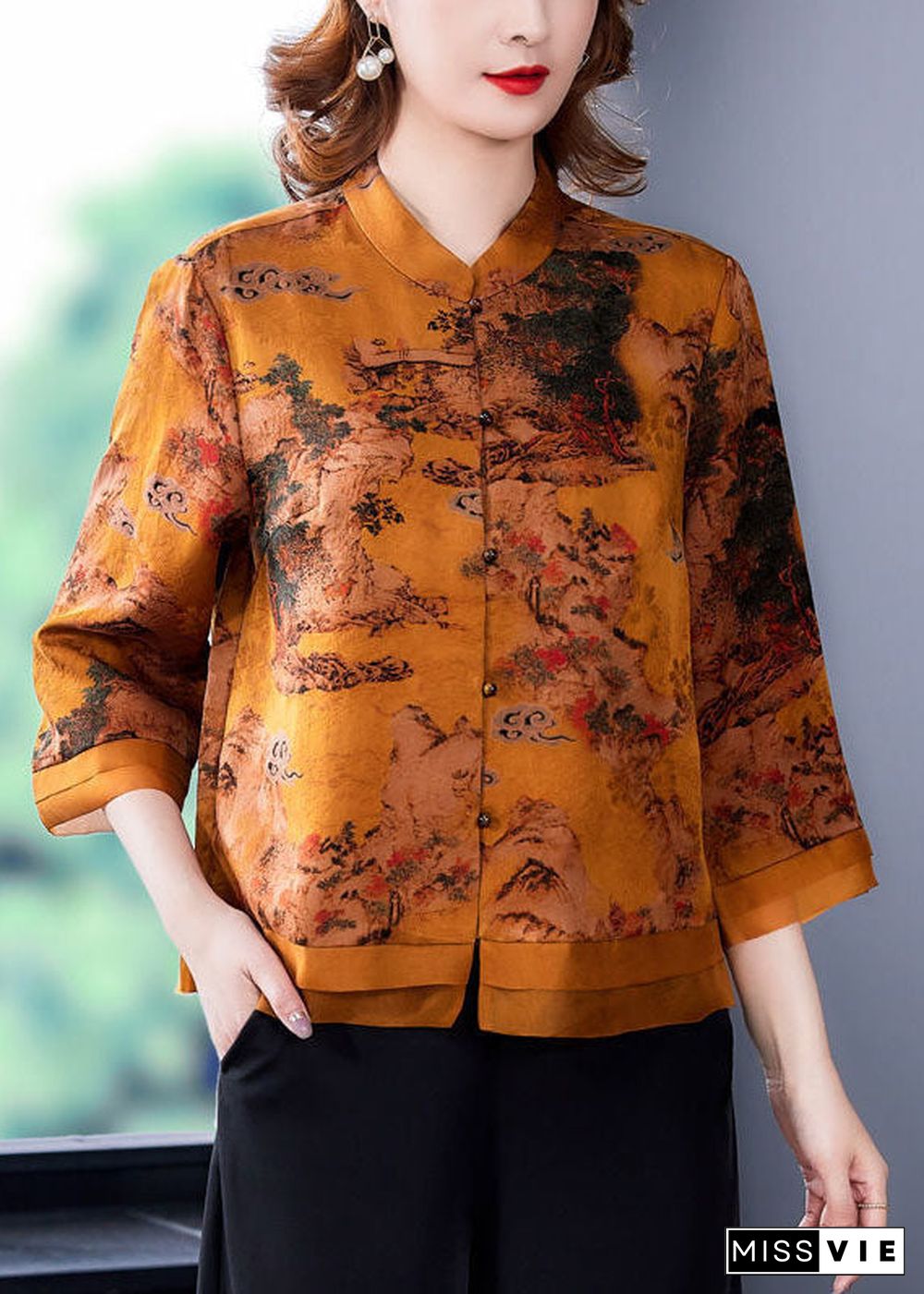 Beautiful Yellow Stand Collar Print Silk Blouse Tops Bracelet Sleeve