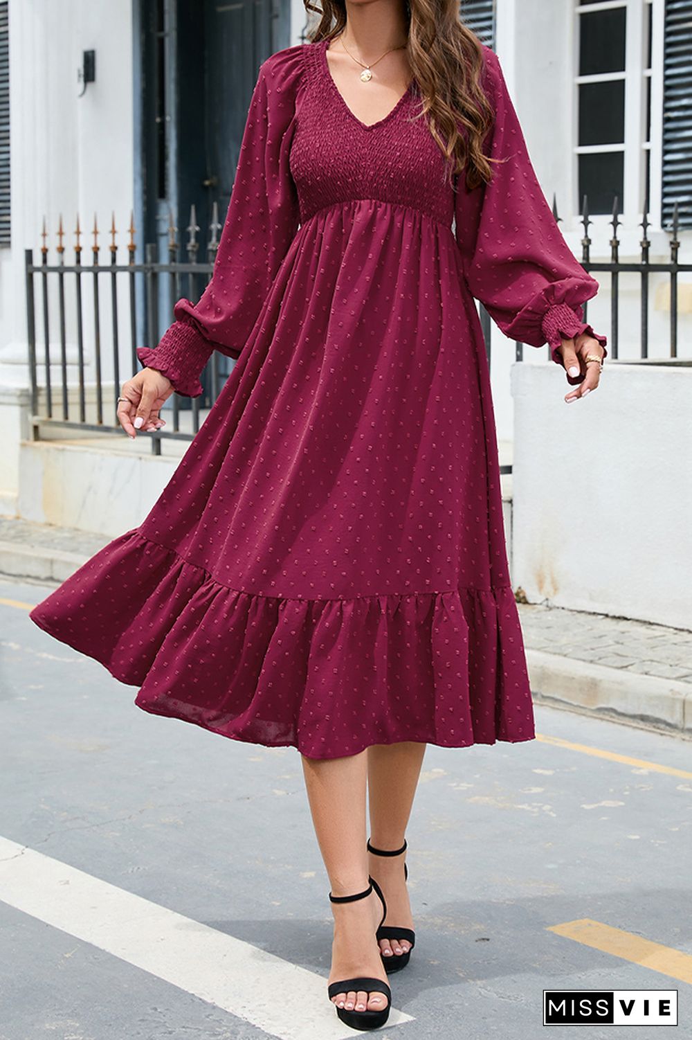 V Neck Smocked Swiss Dot Ruffles Midi Dress