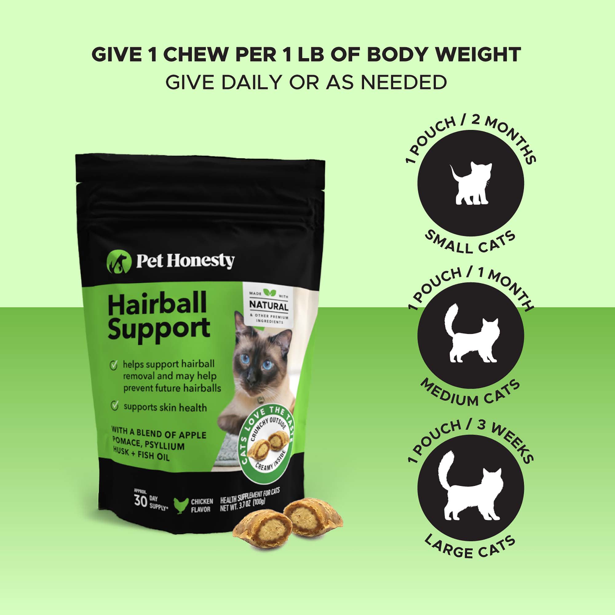 Pet Honesty Hairball Support Dual Texture Cat Chews， 3.7 oz.