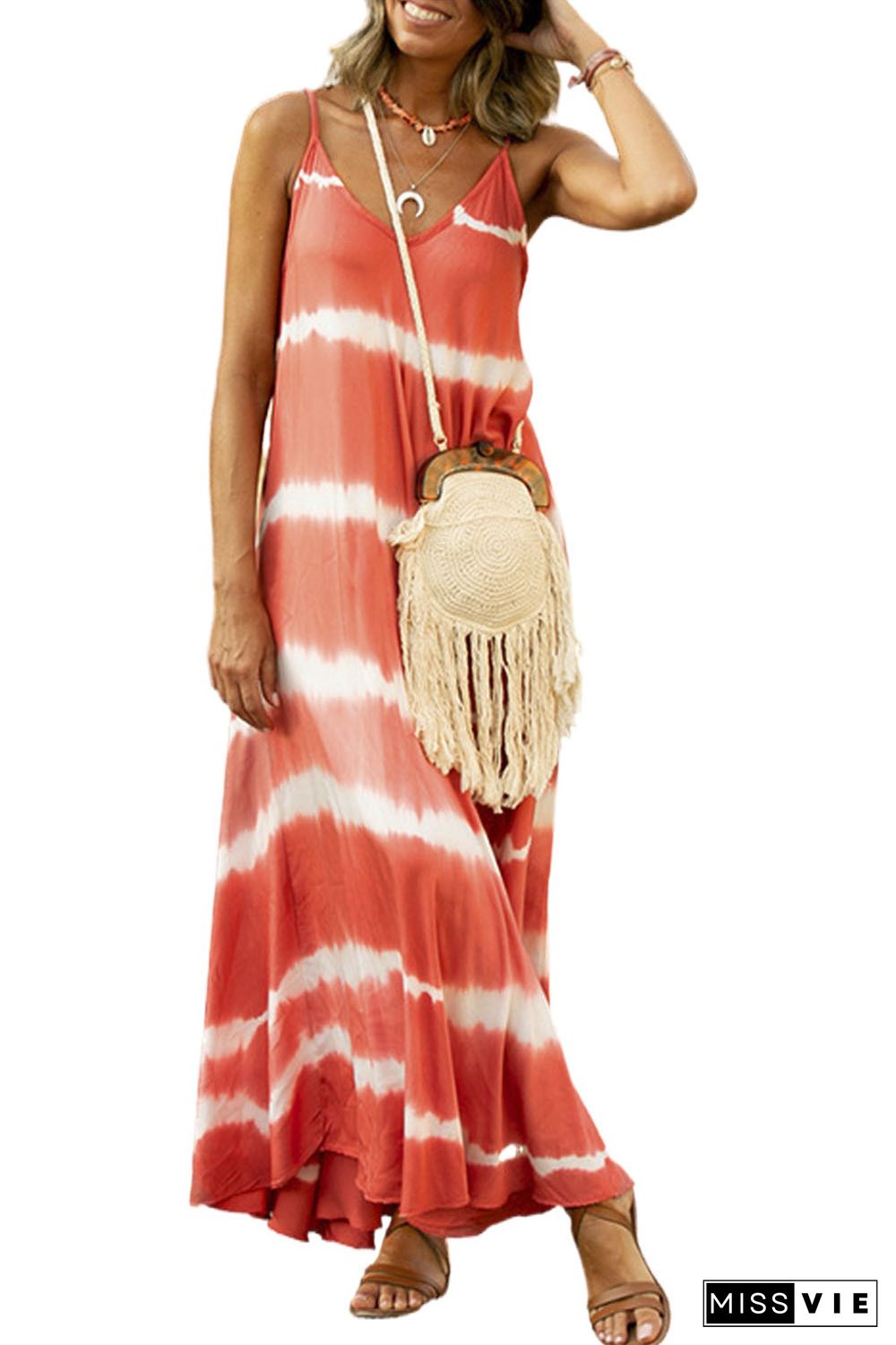 Orange Tie Dye Striped Spaghetti Straps Maxi Dress