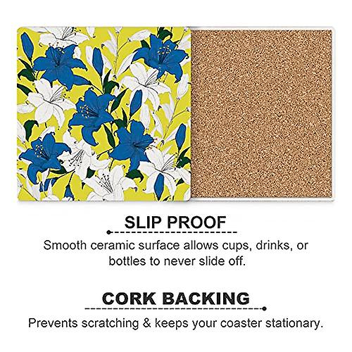 Colourlife Floral Pattern Lily Flowers Printed Square Ceramic Coaster For Drinks With Cork Base For Coffee Cups Place Mats For Home Decor Set Of 4 Pie