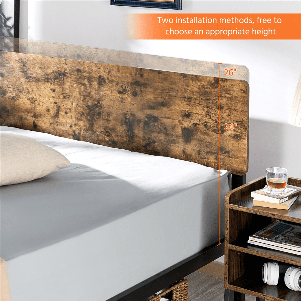 Easyfashion Metal Bed Frame with Wooden Headboard, Rustic Brown, Queen