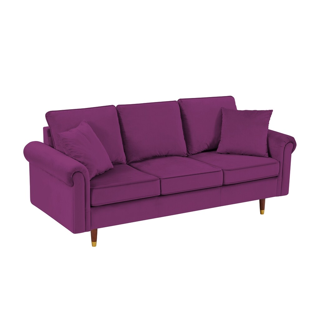 Velvet Sofa Couch with 2 Pillows  Modern 3 Seater Sofa With Wood Legs for Living Room and Bedroom .