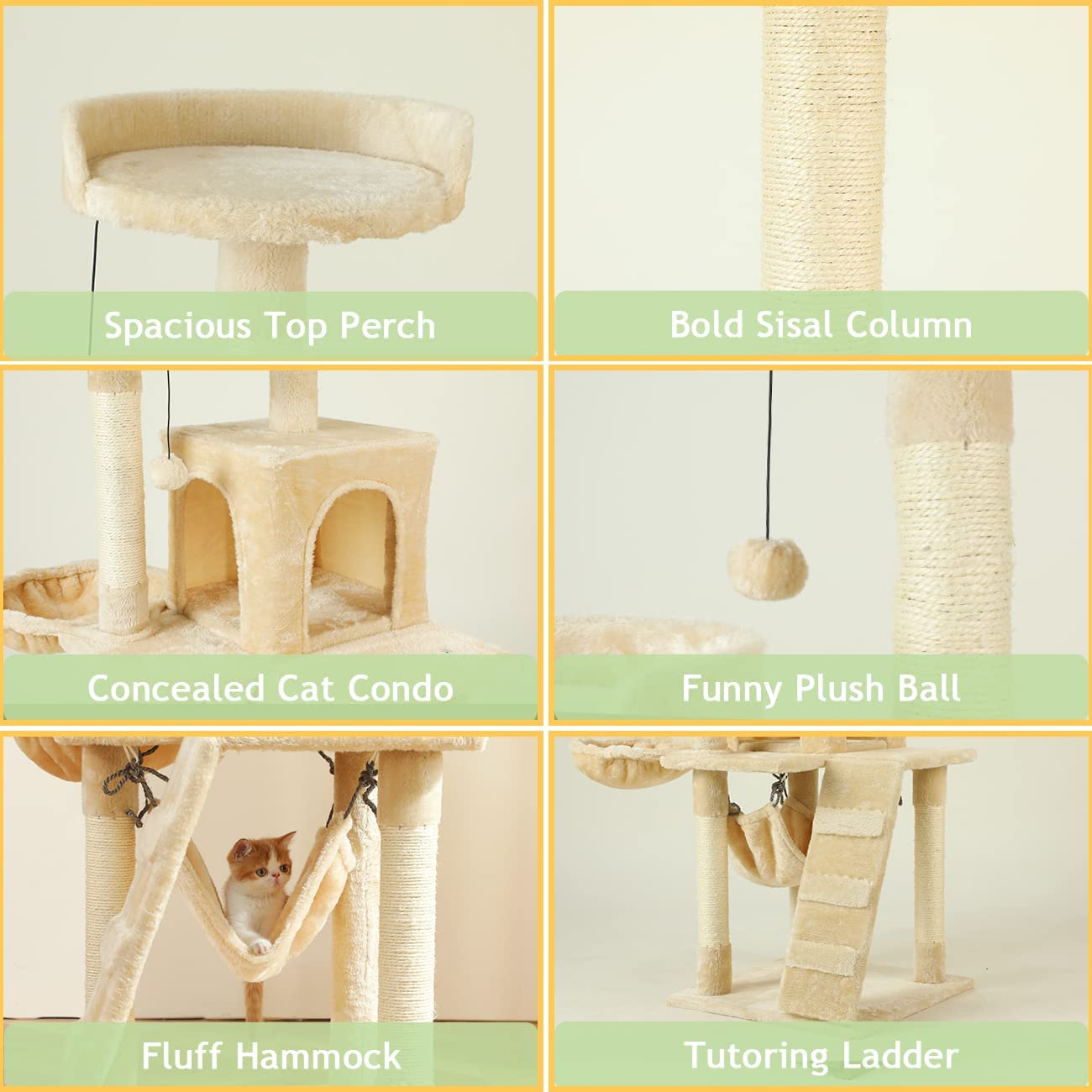 53in Cat Tree Tower Condo Furniture Scratch Post with Natural Sisal Rope, Multi-Level Cat Condo with Hammock & Cradle for Kittens, Tall Cat Climbing Stand with Plush Perch (Beige)