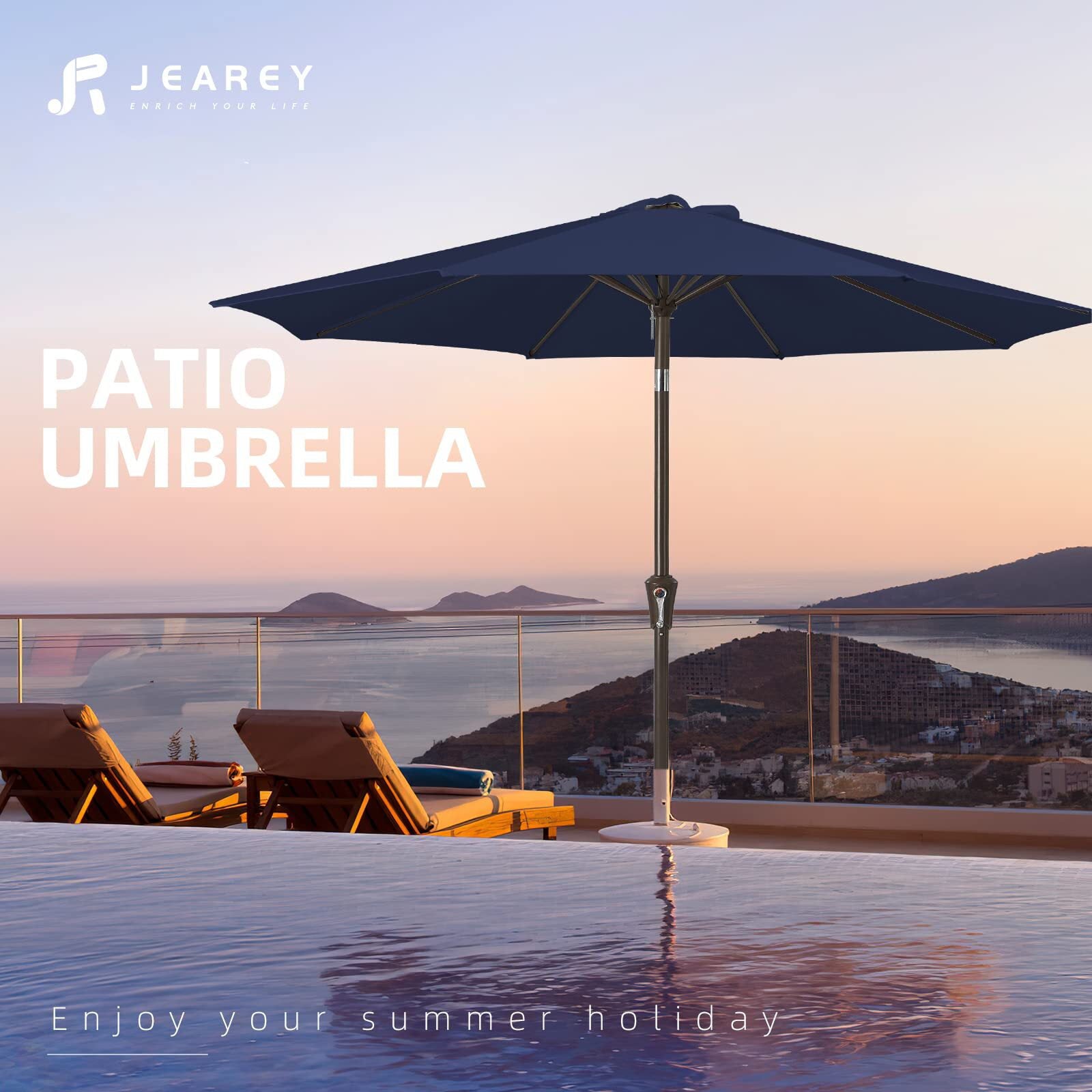 JEAREY 9FT Outdoor Patio Umbrella Outdoor Table Umbrella with Push Button Tilt and Crank,Navy