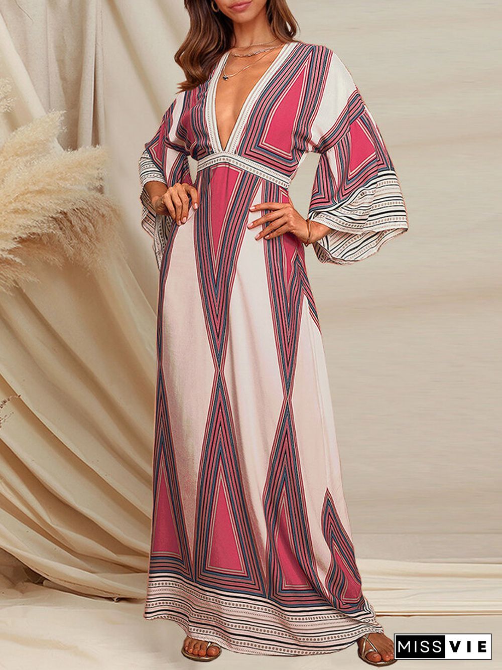 Vintage Geo Printed Deep V-neck Bell Sleeve Maxi Dress