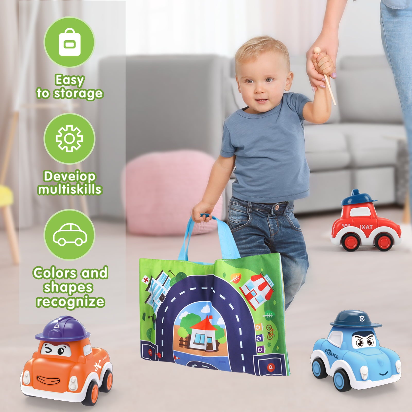 Toddler Pull Back Car Toys for 1 2 3 Years Old Boy Girl，6 Pieces Friction Powered Vehicles Push and Go Mini Car Set with Playmat Storage Bag，Baby Party Favors Birthday Gifts for Kids