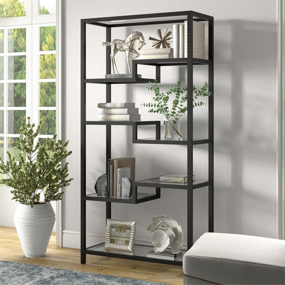 Maklaine 34 quotModern Blackened Bronze Finish Metal/Glass Bookcase   Transitional   Bookcases   by Homesquare  Houzz