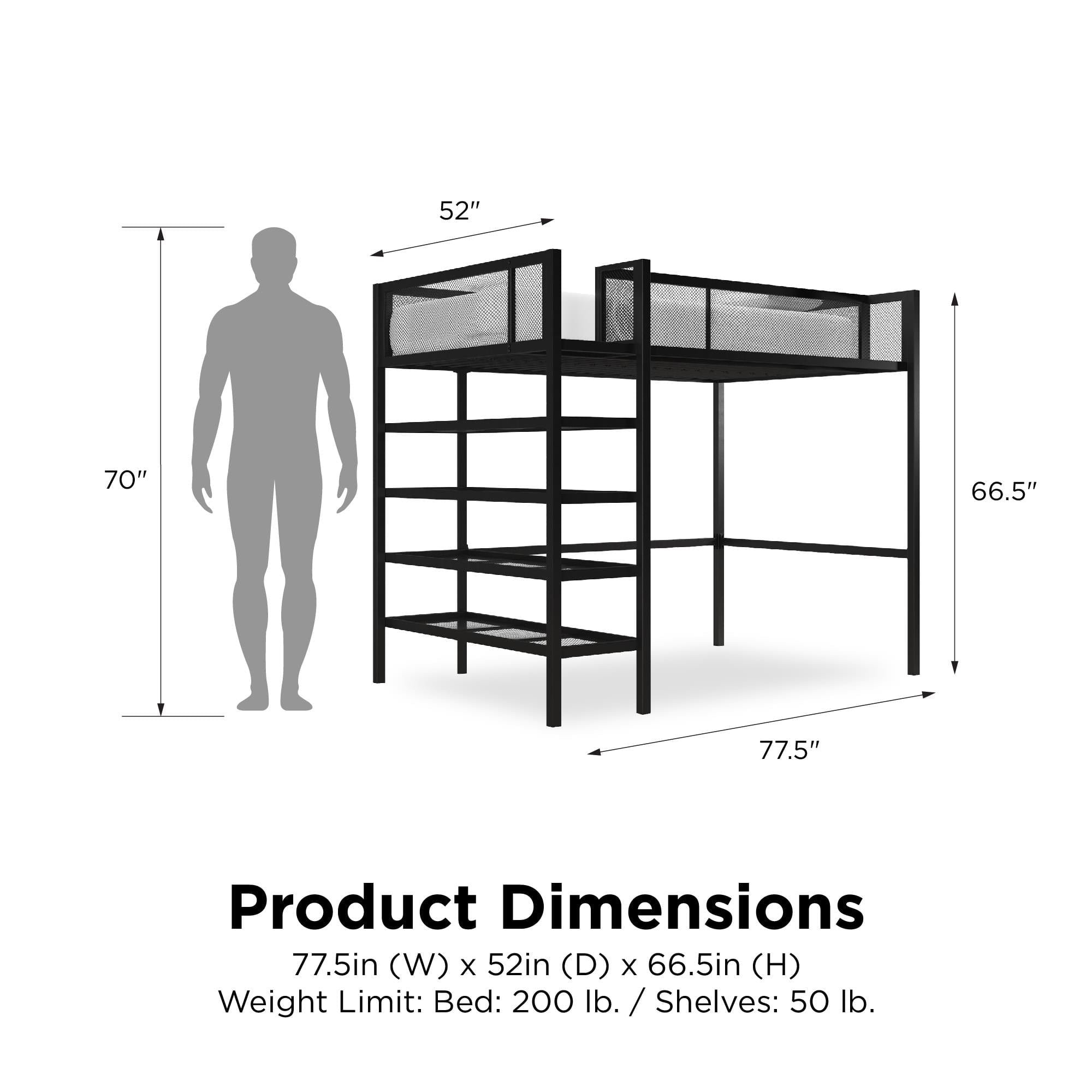 Mainstays Metal Storage Loft Bed with Book Case, Black, Twin