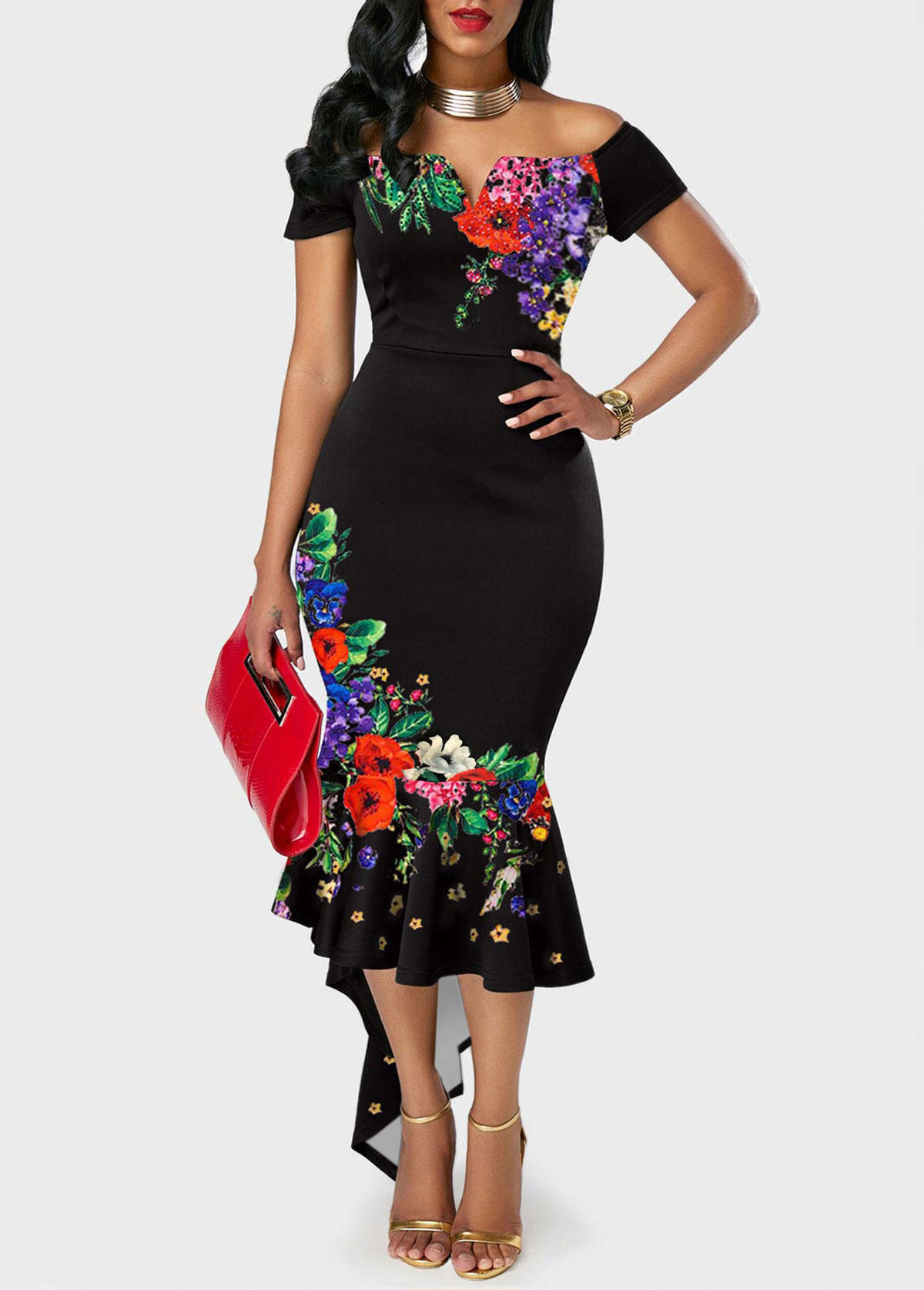 Floral Print Off the Shoulder Black Mermaid Dress