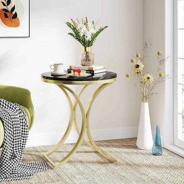 Small Modern Round Side Table End Table Nightstand with Gold Metal Frame and Faux Marble Veneer Engineered Wood for Living Room