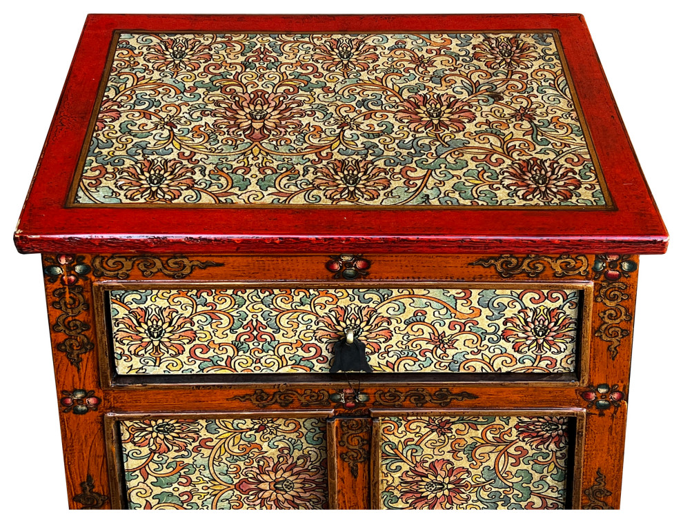 Distressed Red Orange Beige Tibetan Floral End Table Nightstand Hcs7573   Asian   Side Tables And End Tables   by Golden Lotus Antiques  Houzz