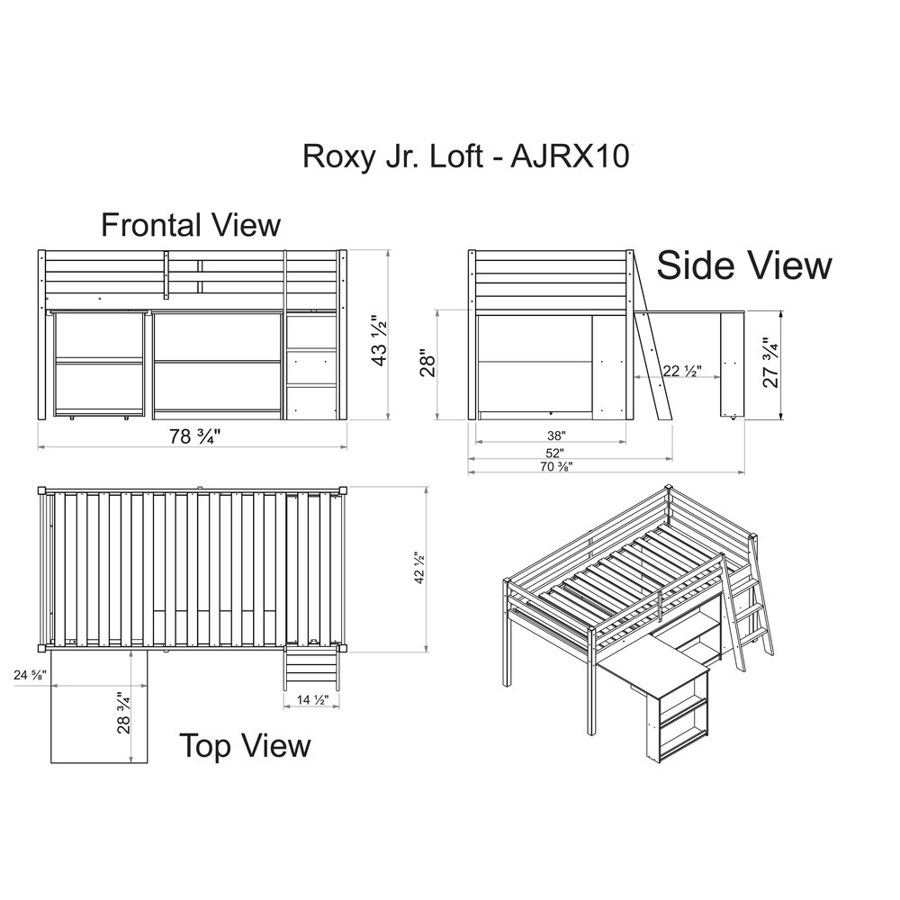 Roxy Solid Wood Junior Loft Bed with Desk  Shelving  and Bookcase