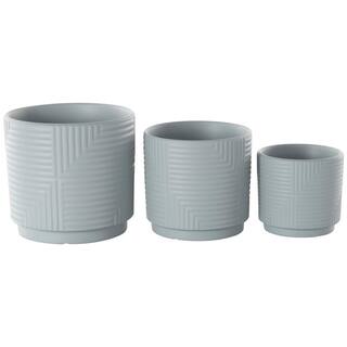 Litton Lane 7 in. 6 in. and 4 in. Small Gray Ceramic Planter with Layered Square Shaped Grooves (3-Pack) 43853