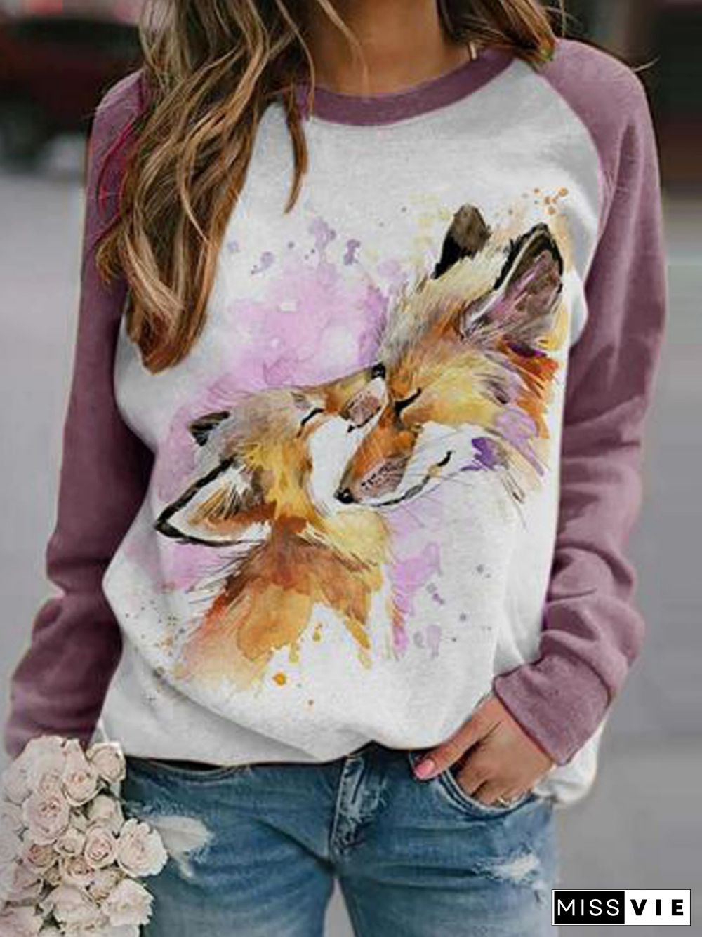 Watercolor Fox Love Contrast Color Sweatshirt