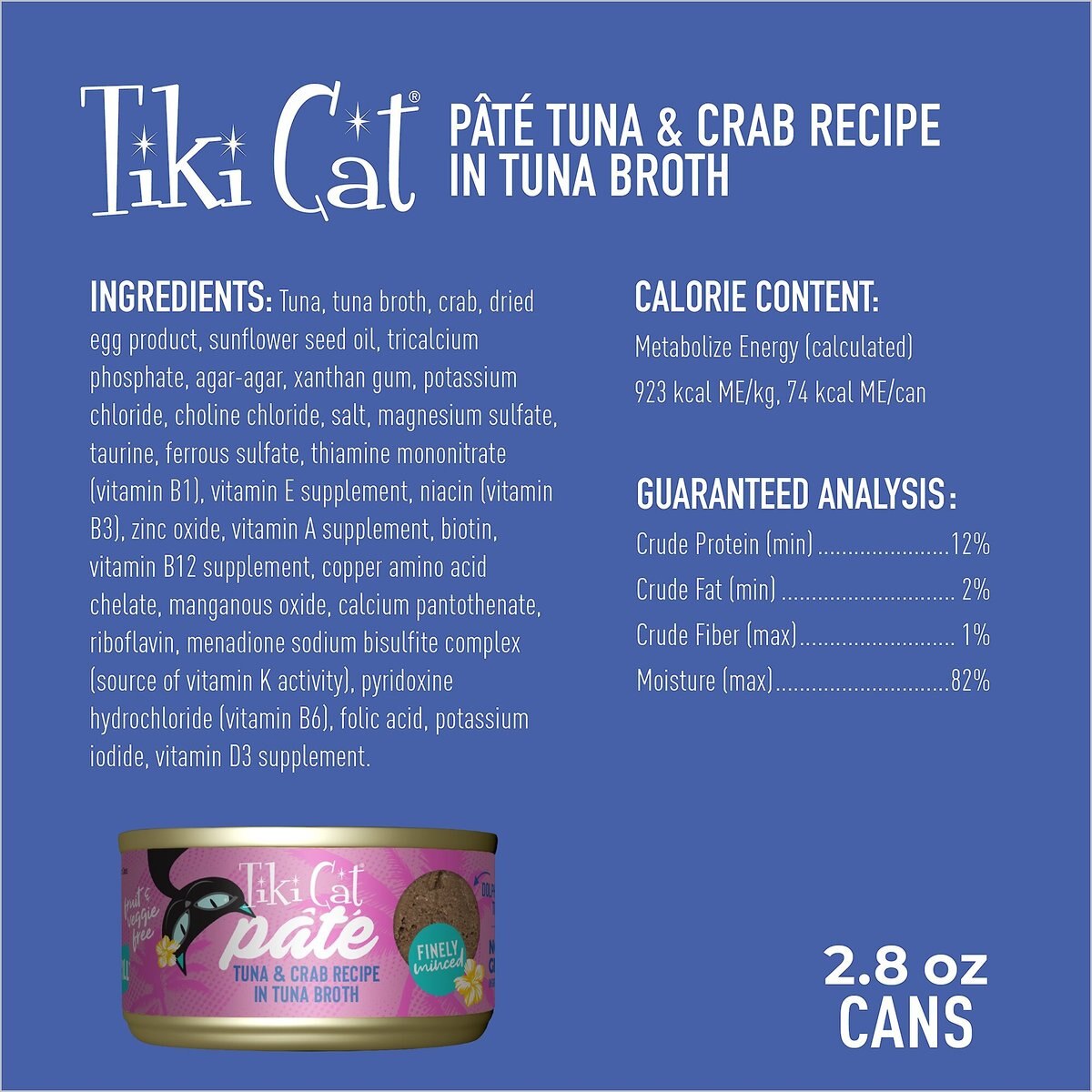 Tiki Cat Pate Tuna and Crab Recipe in Tuna Broth Wet Cat Food， 2.8-oz， case of 12