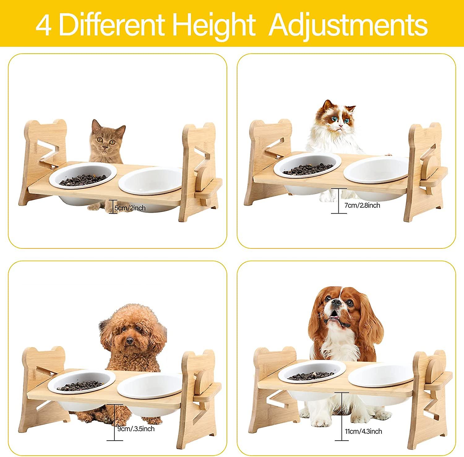 Dog Bowl And Bowl Elevated Cat Bowl Stand With Dual Ceramic Bowls， 4 Height Adjustable Food And Water Bowls For Cats， Small And Medium Dogs