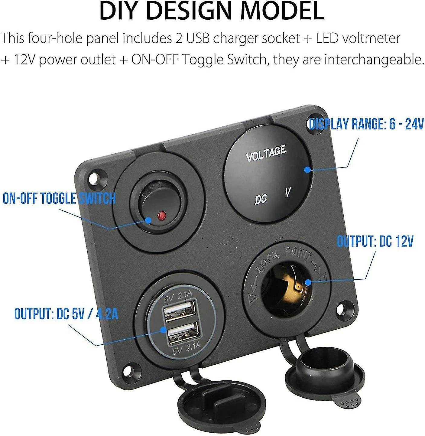 12 Volt Usb Outlet Panel， Cigarette Lighter Splitter and 12v Usb Oulet and Led Lighted On Off Rocker Toggle Switch Panel With Led Voltmeter For Truck Car