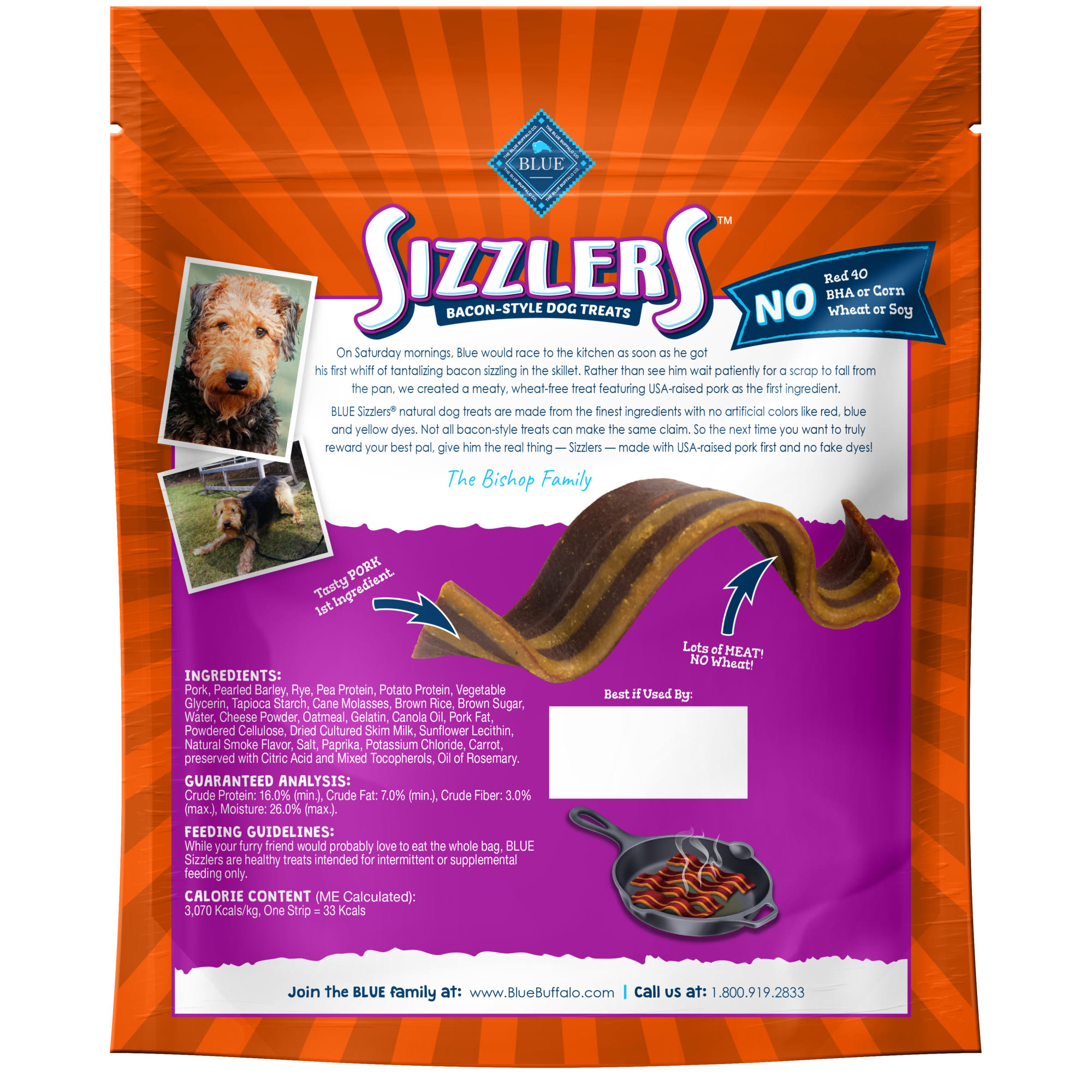 Blue Buffalo Blue Sizzlers Bacon-Style Dog Treats， 15 oz.