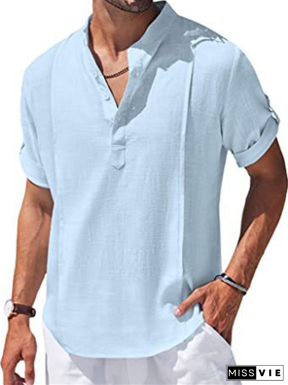 Linen Shirt Casual Beach Shirt Short Sleeve T-shirt Solid Color Stand-up Collar Top S M L XL 2XL 3XL 4XL 5XL