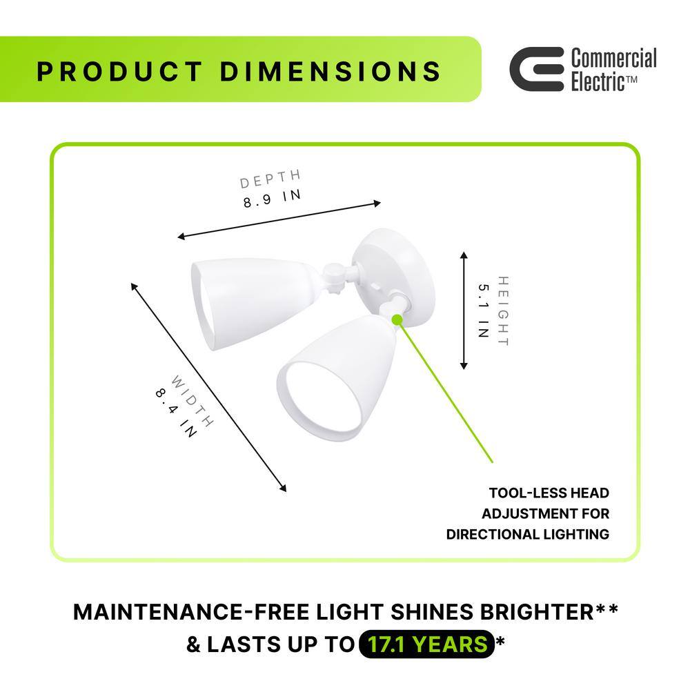 Commercial Electric Twin-Head Directional White Outdoor Integrated LED Flood Light for Outdoor Security Lighting Dusk to Dawn TPAR2-PC-WH