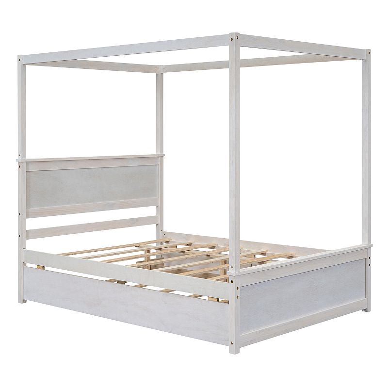 Merax Canopy Platform Bed with Trundle Bed， Wood Canopy Bed