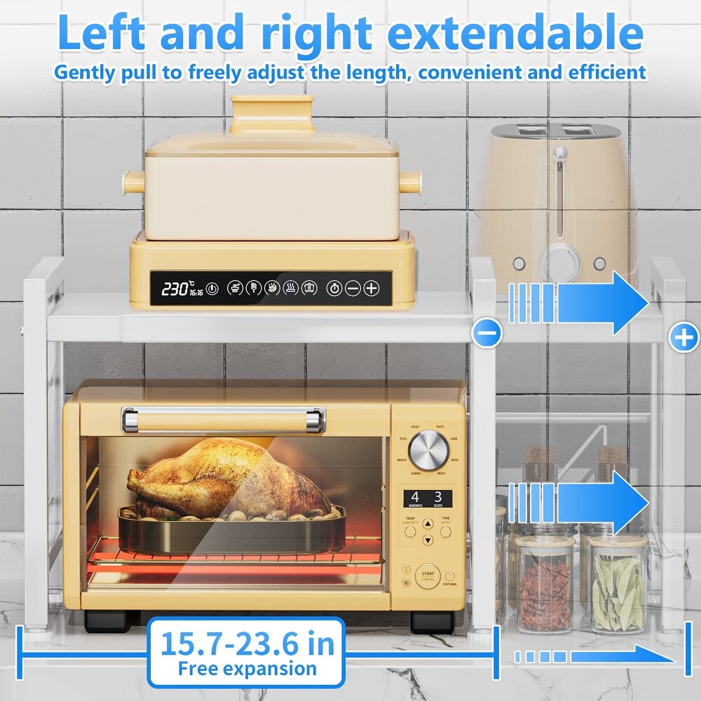Over the Microwave Shelf   Adjustable Countertop Microwave Stand 2 Tier Microwave Rack with Spice Organizer and 6 Hooks