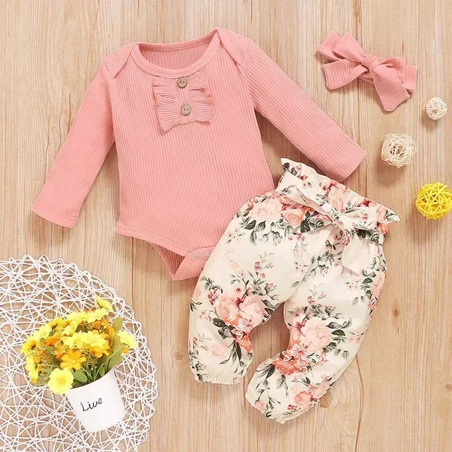 3Pcs Newborn Baby Girl Clothes Sets Infant Outfit Ruffles Romper Top Bow Leopard Pants New Born Autumn Fall Toddler Clothing