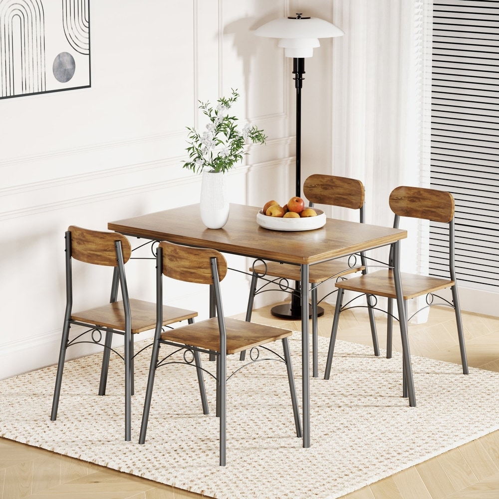 VECELO Dining Table Set  Kitchen Table with 4 Chairs  Metal and Wood Rectangular 5 Piece Dining Table