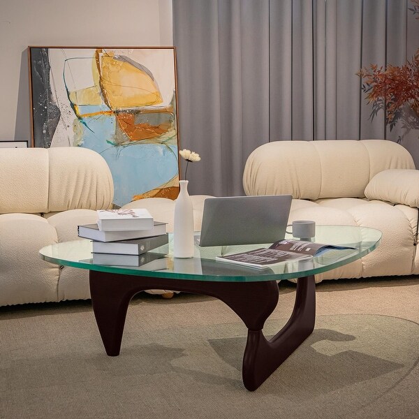 Noguchi Modern Triangle Glass Coffee Table Cherry Wood Base