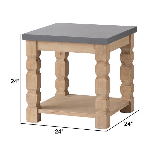 24 Inch Square Side End Table， Open Bottom Shelf， Fir Wood， Gray， Brown