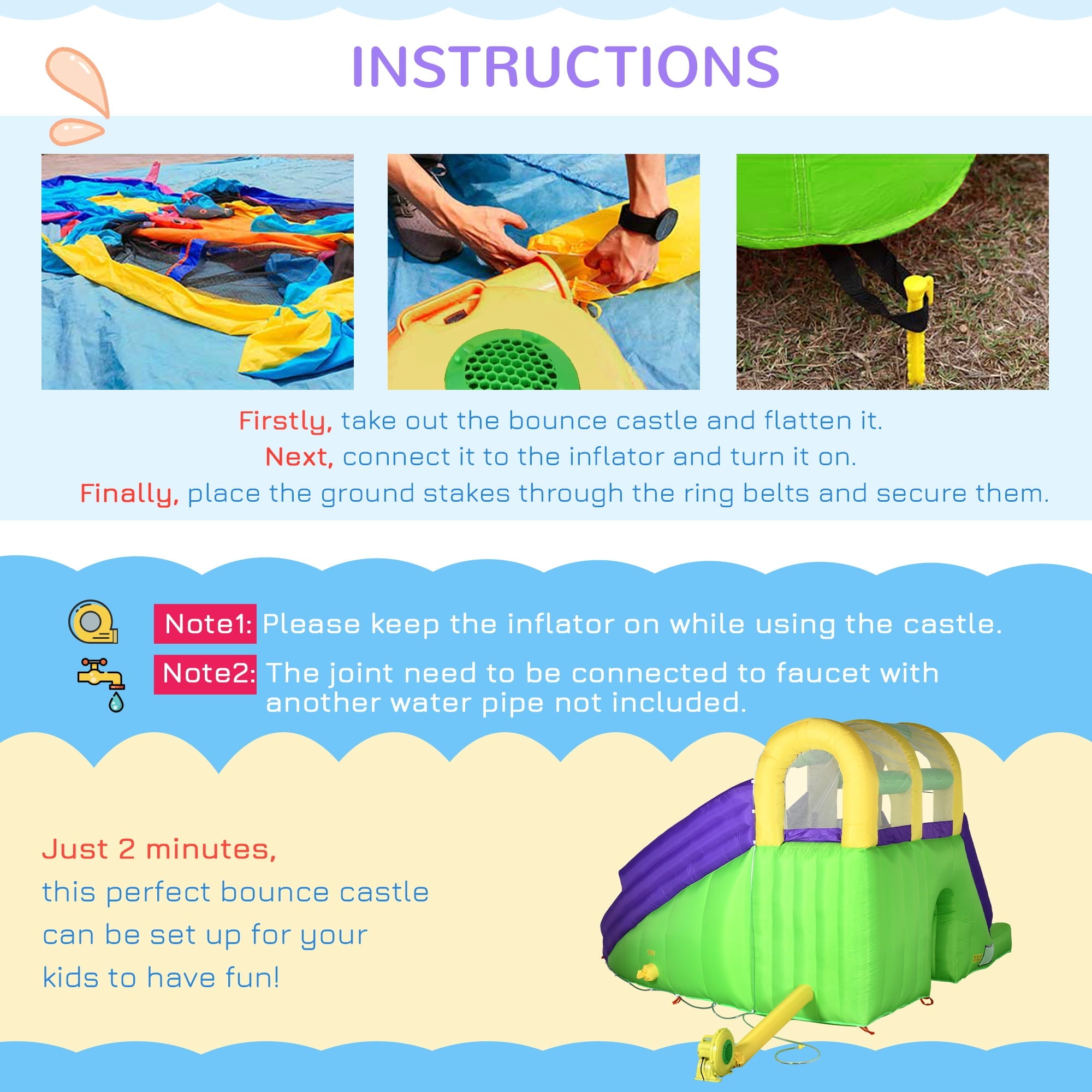 Outsunny 5-in-1 Inflatable Water Slide, Kids Castle Bounce House with Slide, Basket, Pool, Water Cannon, Climbing Wall Includes Carry Bag, Repair Patches, 680W Air Blower