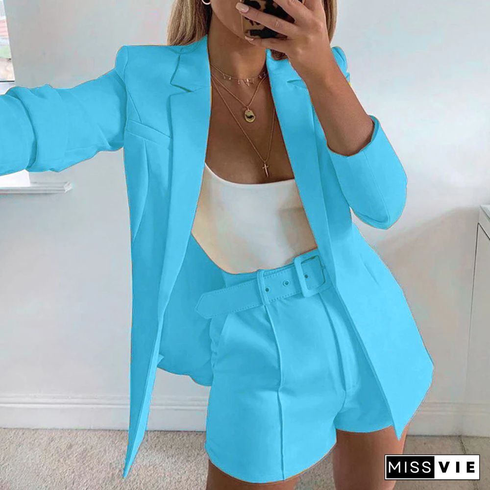 Women Office Sets Autumn Long Sleeve Cardigan Blazer Shorts Solid 2 Piece Set Decoration Pant Style Fabric Type Closure Type Age