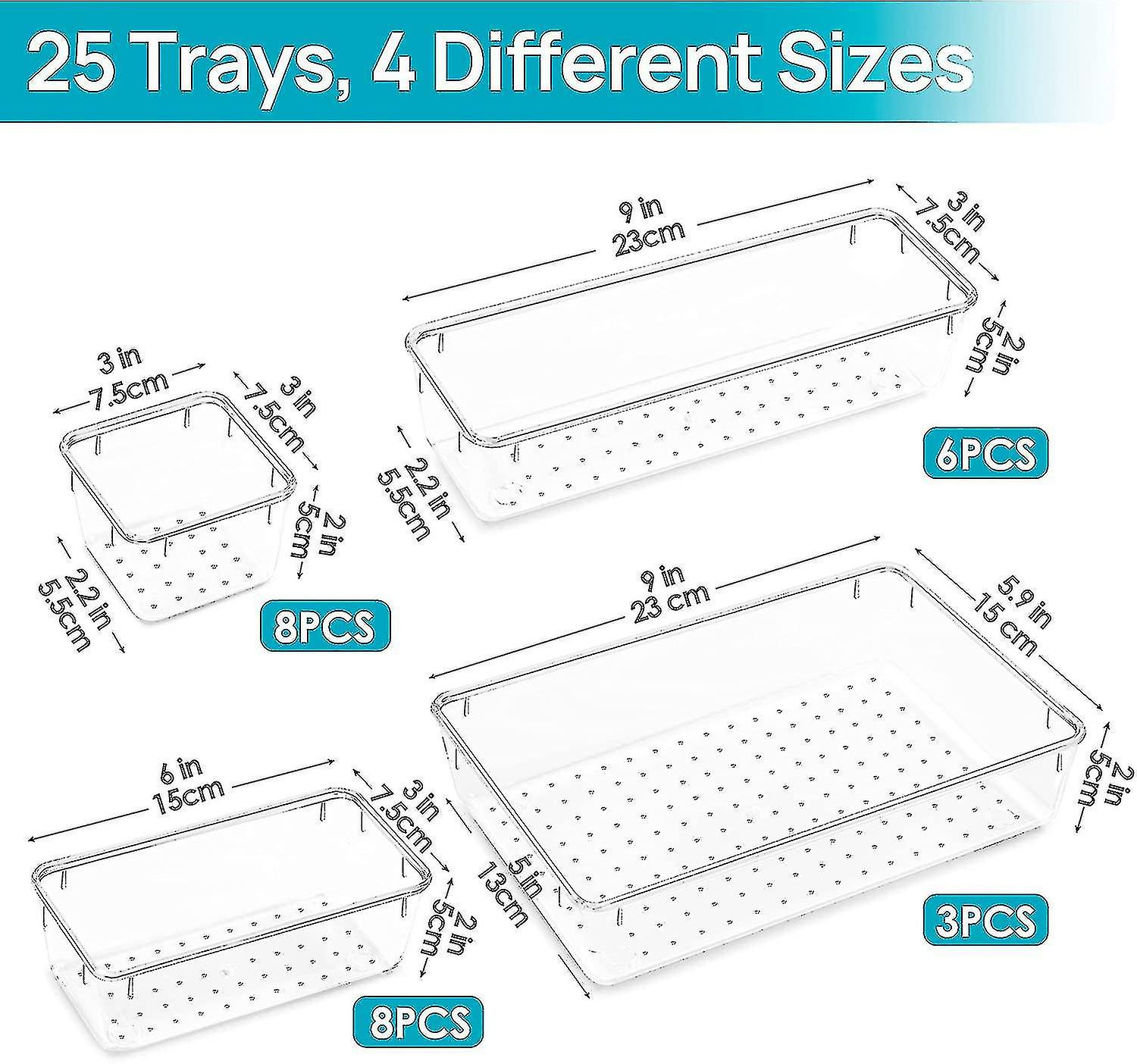 25 Pcs Clear Plastic Drawer Organizers Set， 4 size Versatile Bathroom And Vanity Drawer Organizer Trays