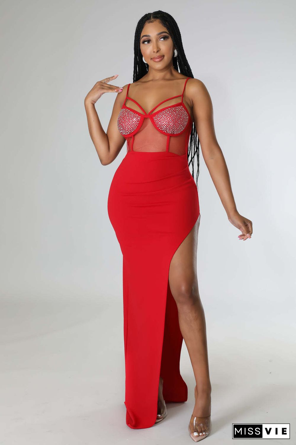 Sexy Mesh Sheer Hot Drill High Split Sling Maxi Dresses