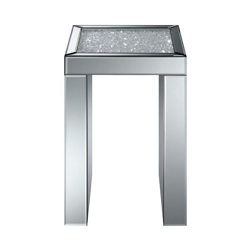 Mirror Panelled Accent Table with Crystal Embellished Top， Silver