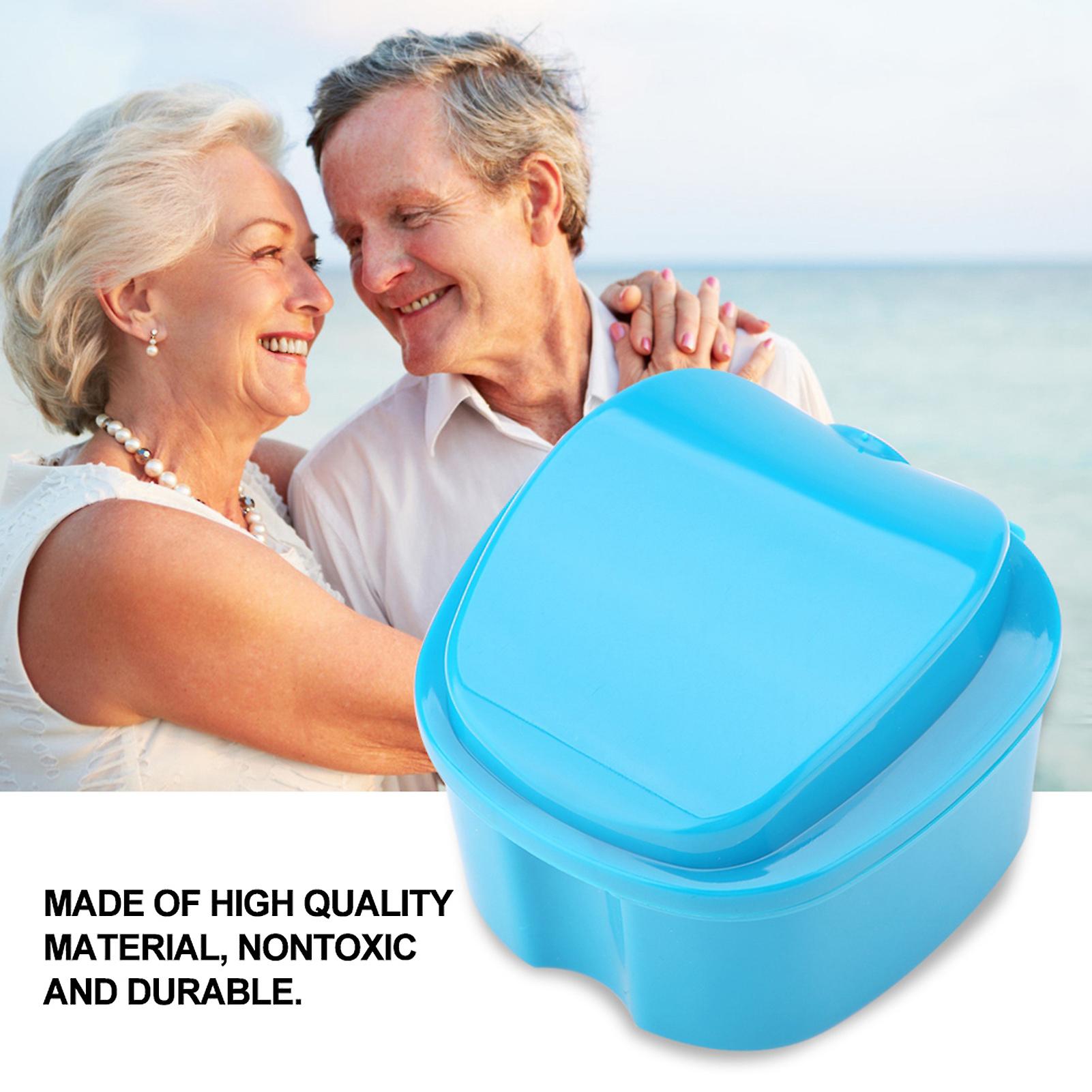 Denture False Teeth Storage Box Case With Filter Screen Dental Appliance Light Blue