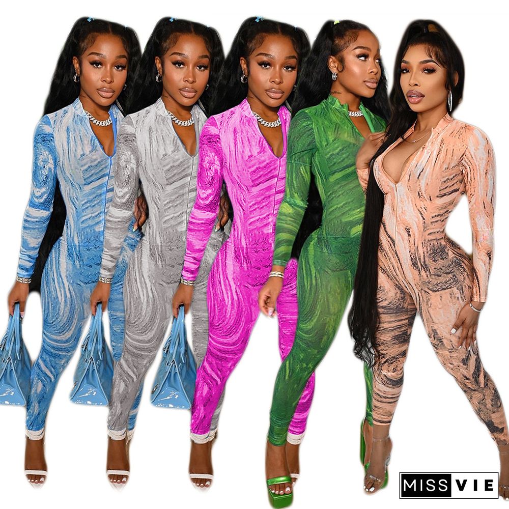 Autumn Women Elegance Tie Dye Print Long Sleeve Front Zipper One Piece Sexy Bodycon Jumpsuit