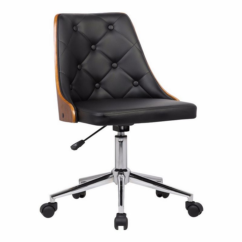 Button Tufted Leatherette Wooden Adjustable Office Chair， Brown and Black