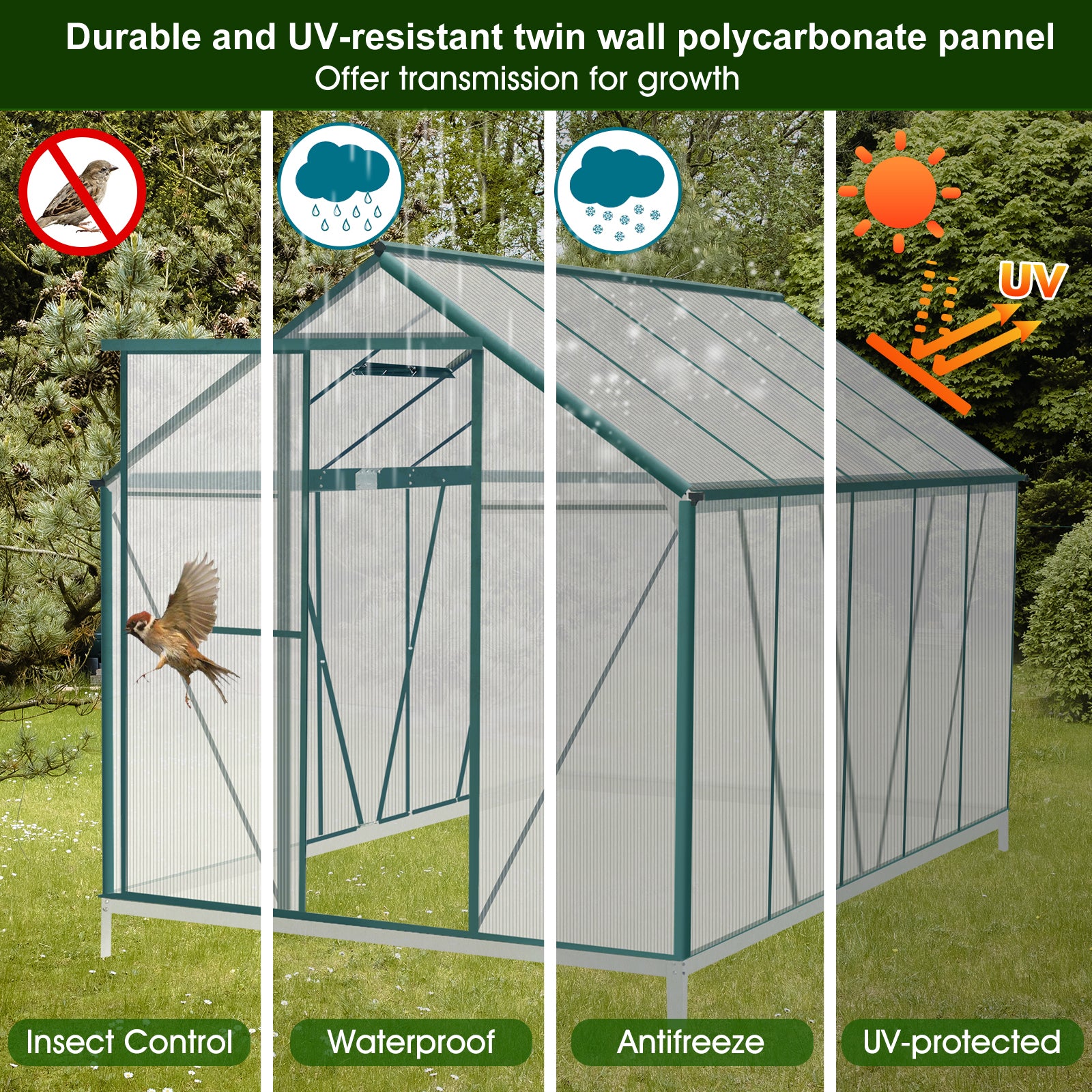 JULY'S SONG Greenhouse,6'x 8' Heavy Duty Polycarbonate Walk-in Plant Garden Greenhouse with Window for Winter,Windproof Gardening Green House Kit for Backyard/Outdoor Use