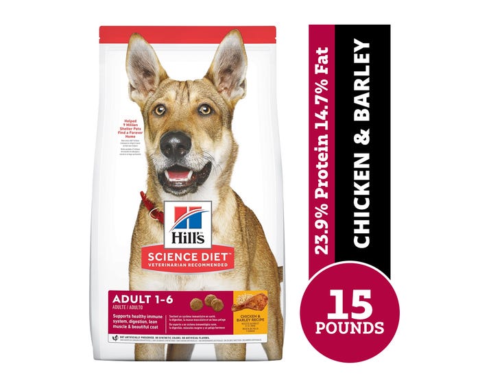 Hills Science Diet Adult Chicken  Barley Recipe Dry Dog Food， 15 lb. Bag