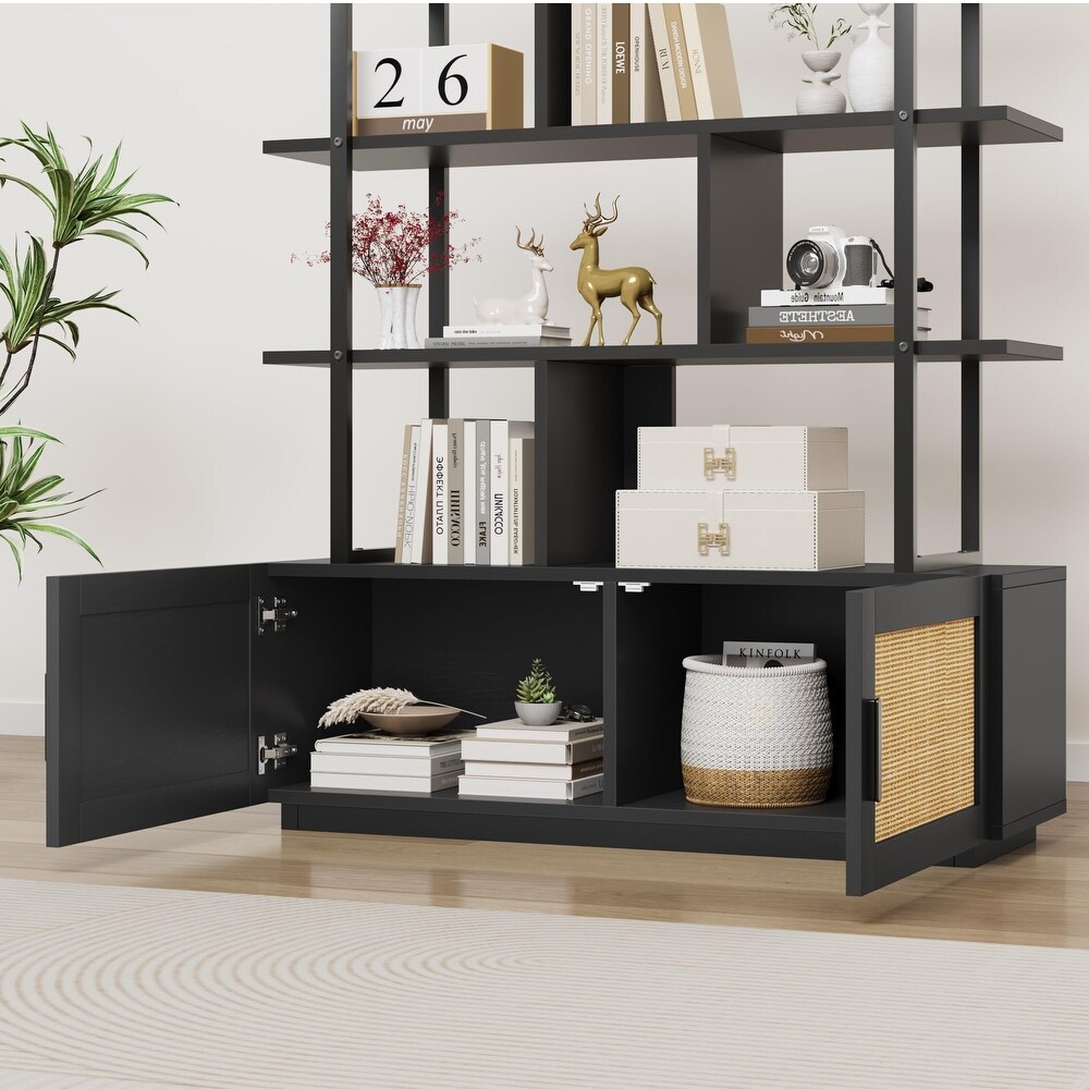 Ail 5 Tier Rattan Bookshelf with Storage Cabinet and door   43.3\