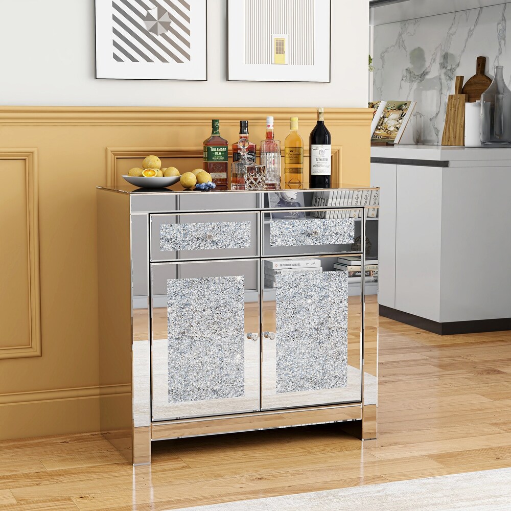 2 Door Mirrored Accent Cabinet Sideboard with Crushed Diamond