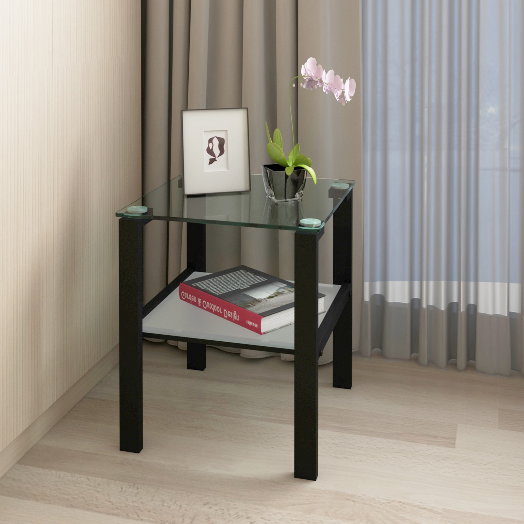 Two Layers Glass Side Table with Glass Tabletop and Metal Legs