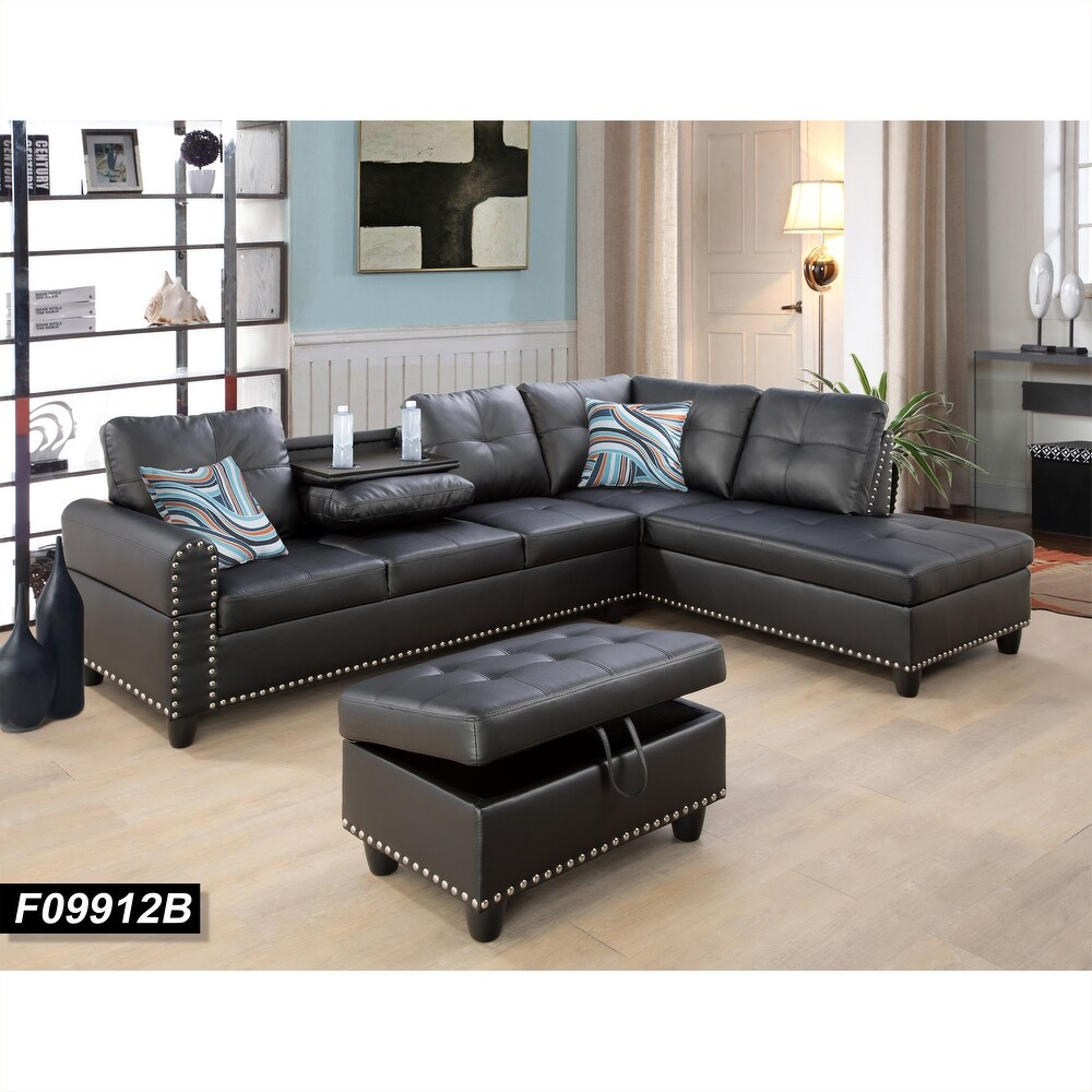 Right facing Black Faux Leather Sectional Sofa with Drop Down Table(9912B)