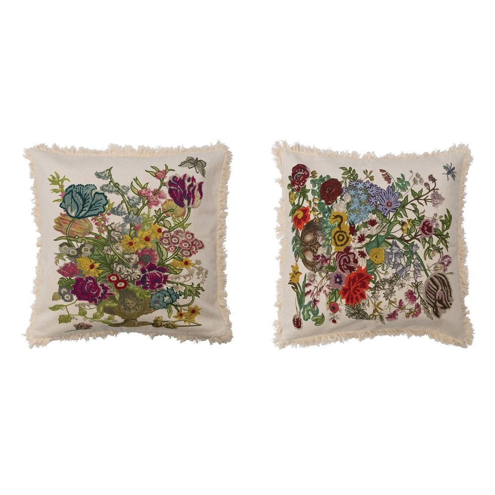 Cotton Printed Pillow with Embroidery with Fringe