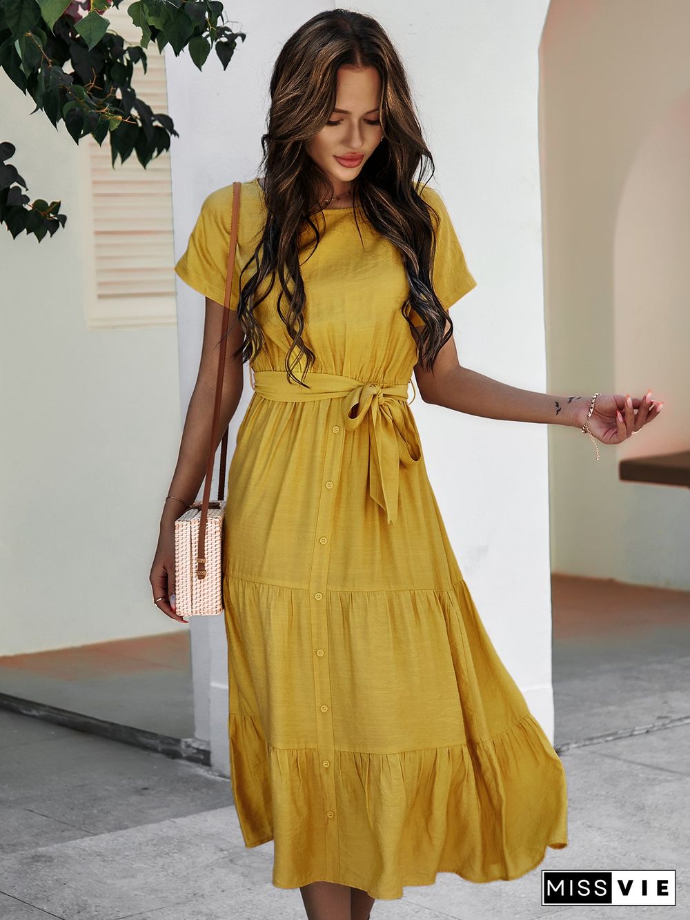 Short Sleeve Round Neck Wrap Tie Waist Maxi Dress