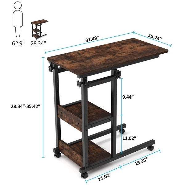 Height Adjustable C Table with Storage Shelves and Wheels， Mobile Sofa Side Table End Table Snack Table