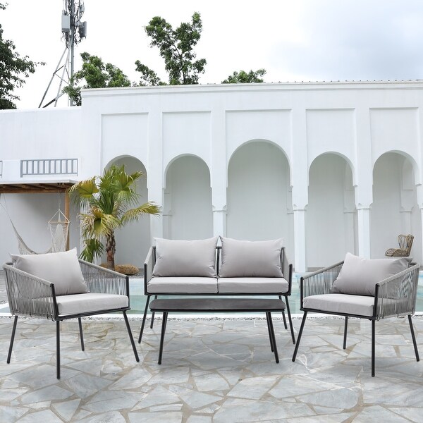 4-Piece Rope Outdoor Chat Set Patio Sofa with Cusions - Overstock - 35762598