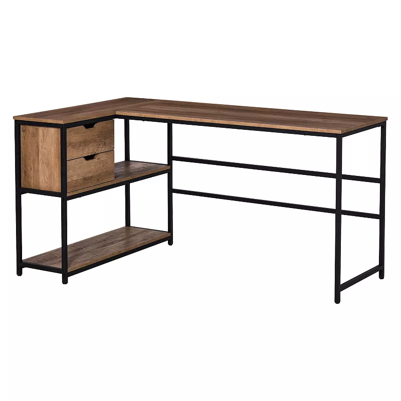 HOMCOM L Shaped Home Offie Computer Desk with Storage Shelves 2 Dawers and Industrial Steel Frame Black/Brown